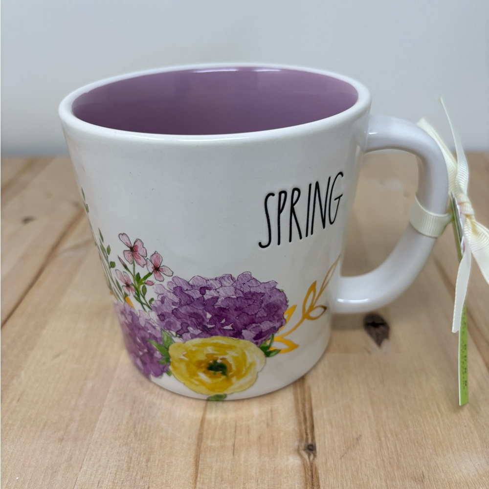 Rae Dunn SPRING Mug Ceramic White with Purple Interior and Floral Decor New